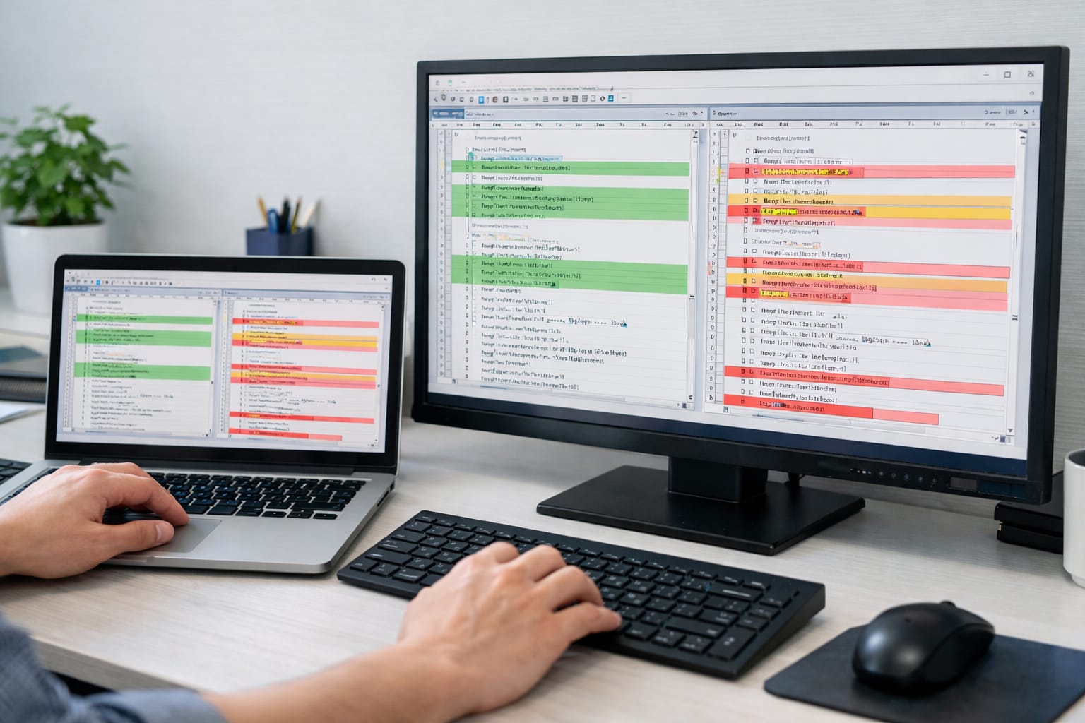 サクラエディタで2つのテキストファイルを比較し、差分表示を確認している作業画面
