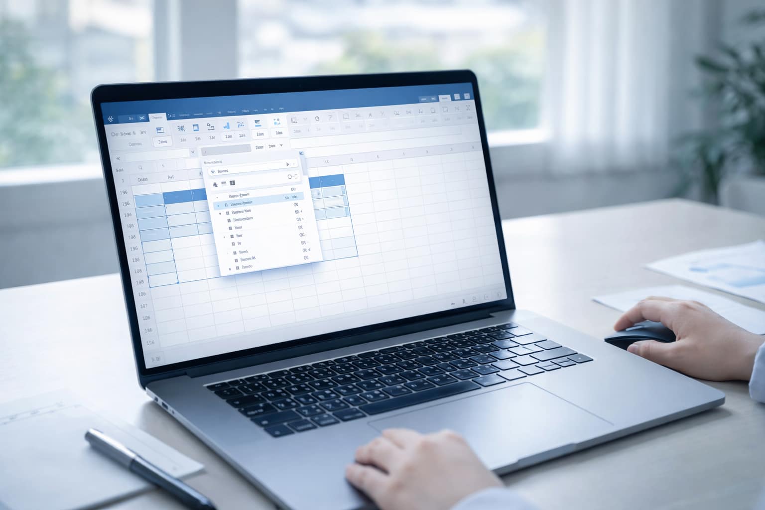 エクセルのフォントを一括変更する操作を示すノートPC画面とオフィスデスクの写真