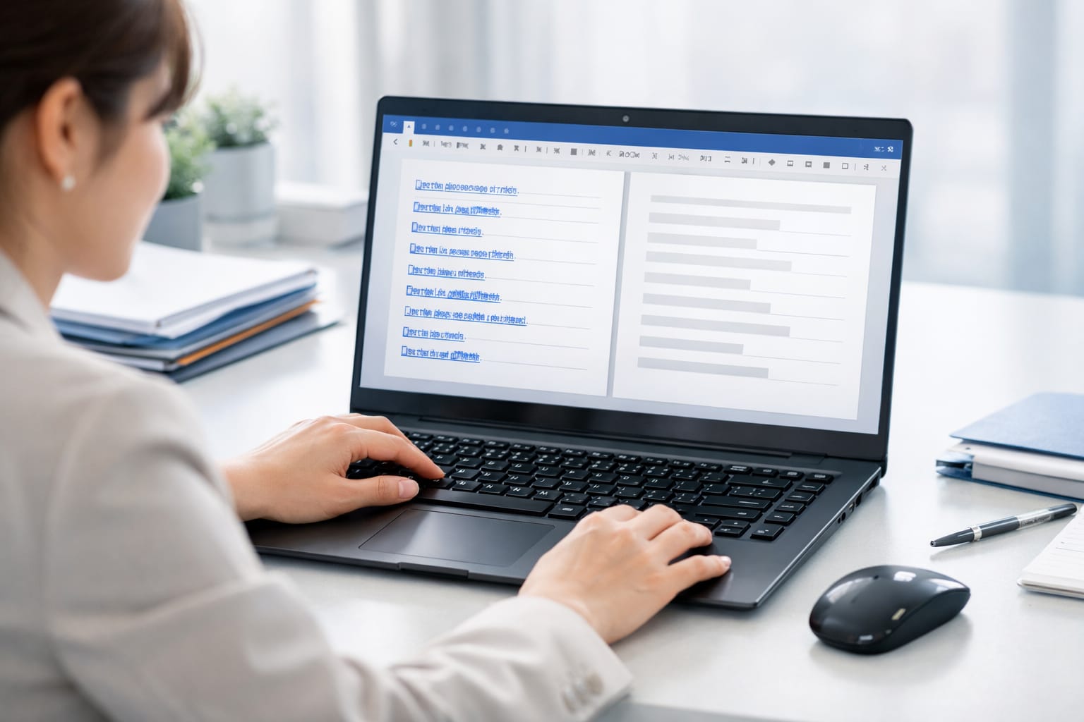 日本人女性がWord文書のハイパーリンクをノートPCで整理しているオフィス風景