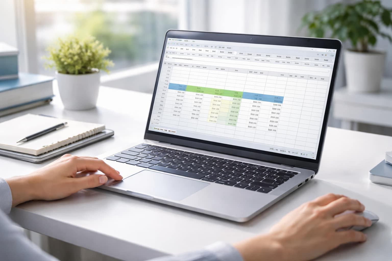 ノートPCの表計算ソフトで複数セルを選択し平均計算を確認する作業風景
