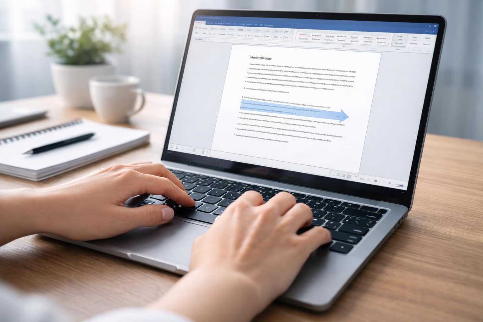 Wordで改ページのショートカット操作をする女性の手元とノートPC画面のイメージ