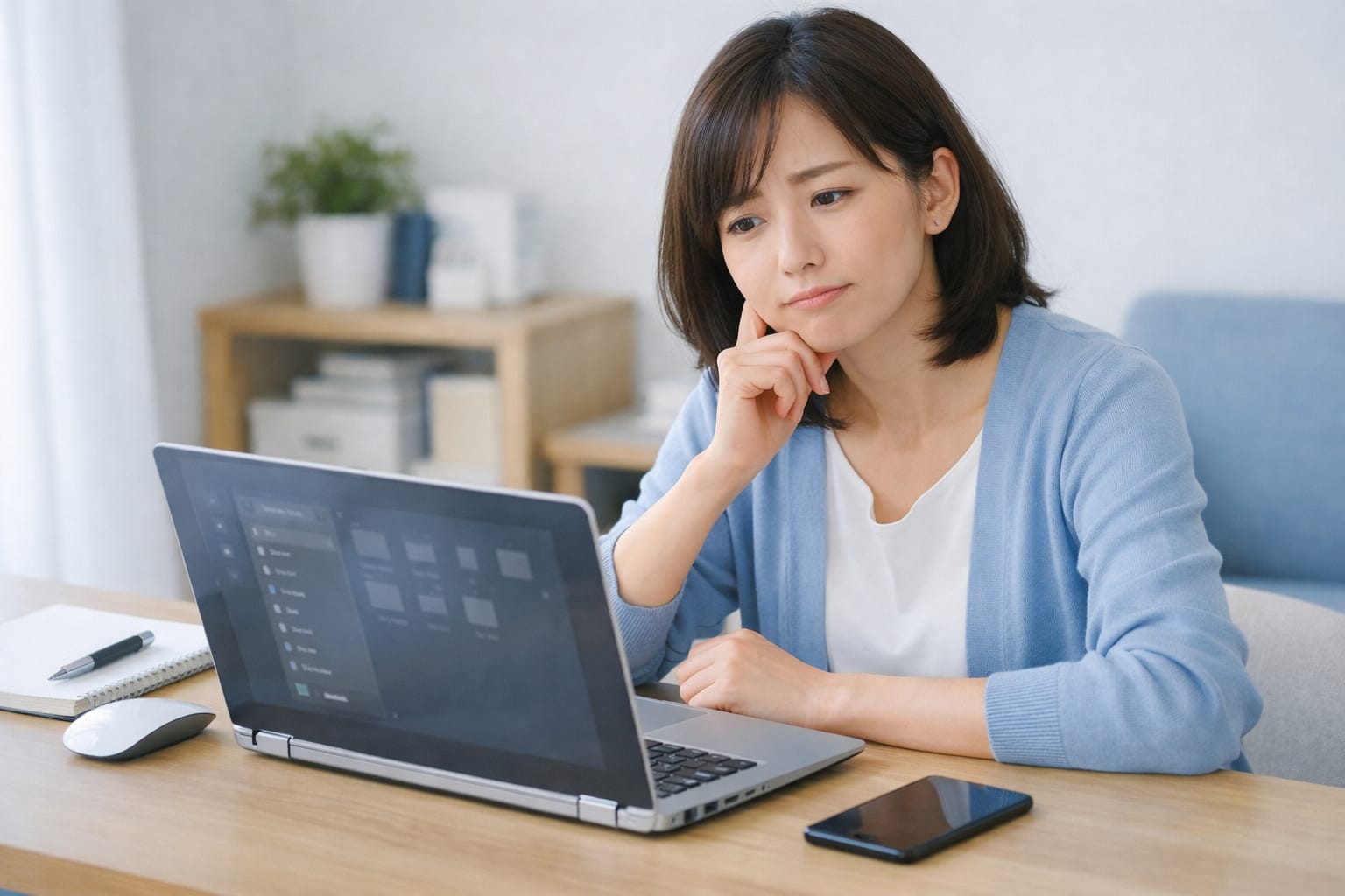 パソコンにExcelが見当たらず困っている女性がノートPCを確認している様子