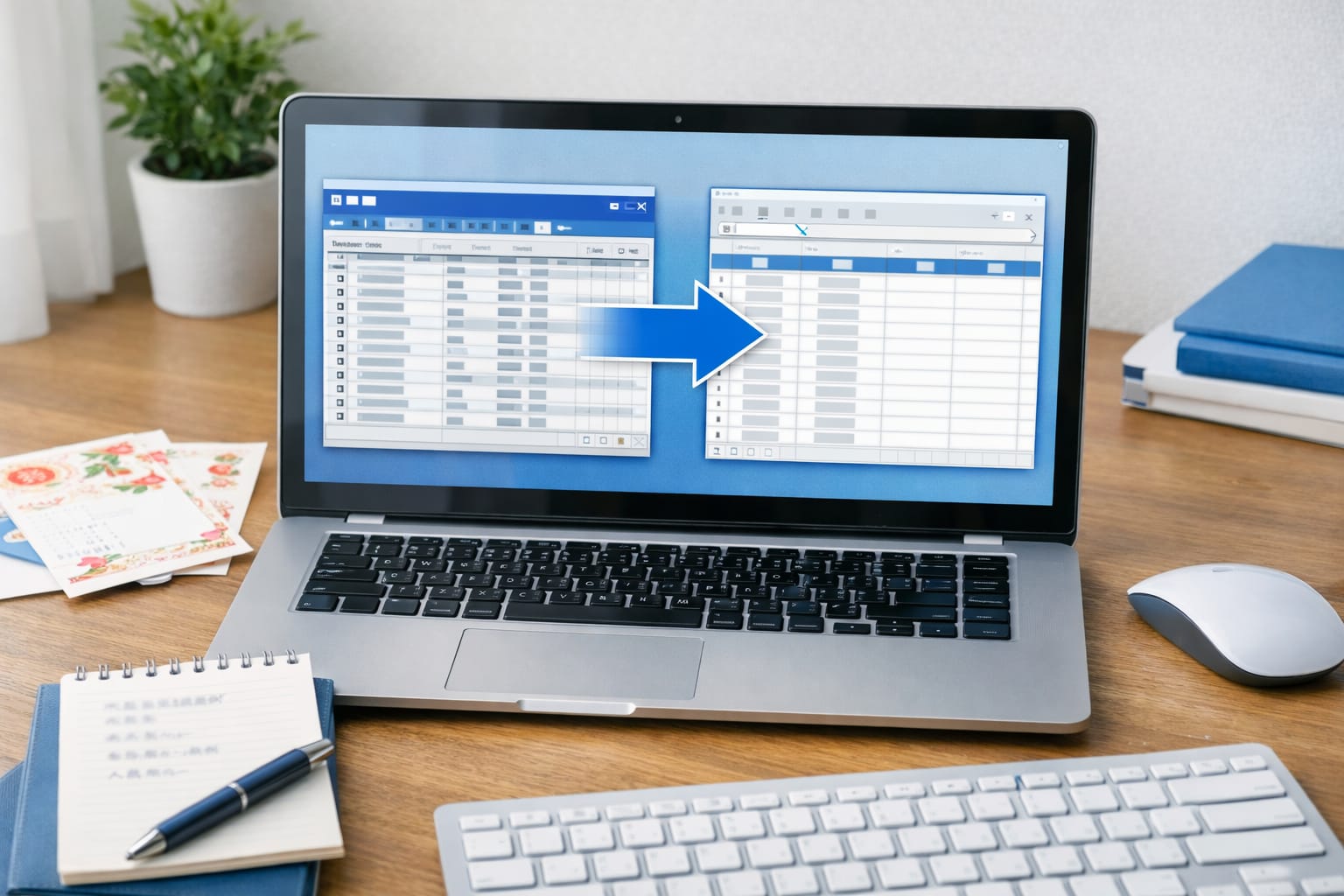 住所録ソフトの画面と表計算ソフトの表をノートパソコンに表示し、CSV連携の流れを示した実写風のデスク画像