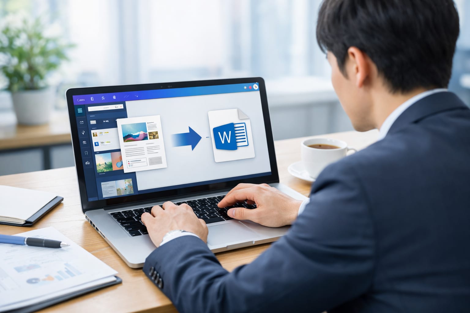 ノートパソコンでCanvaからWordへの変換作業をする男性