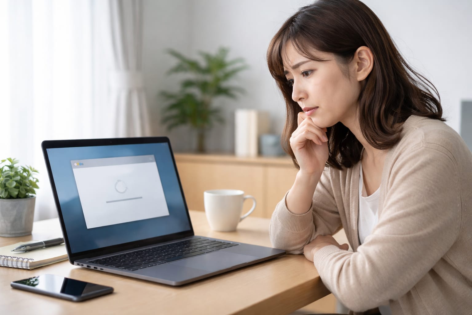 パソコンで開かないアプリを前に困っている女性の様子