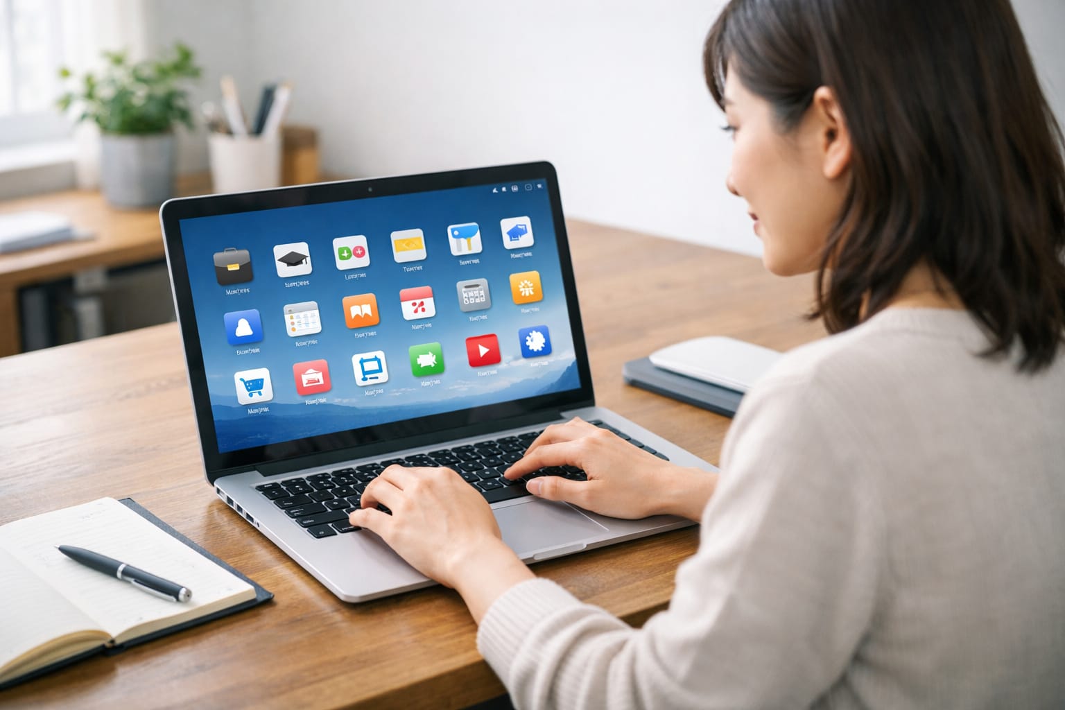 サイトをデスクトップに貼る方法をイメージした、ノートパソコンを操作する女性のデスク環境