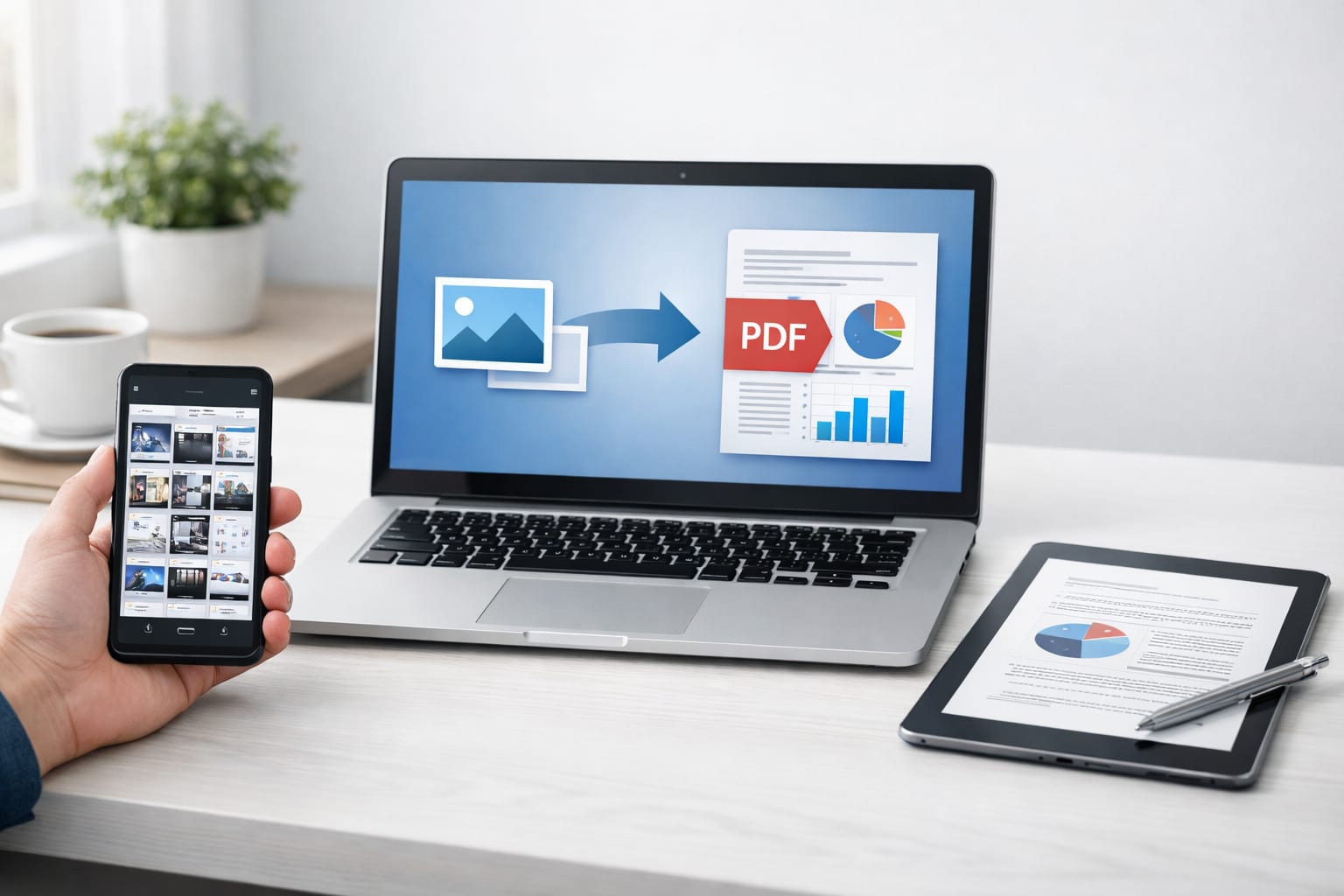 スマホのスクリーンショットをノートPCでPDF化しているイメージのデスク風景