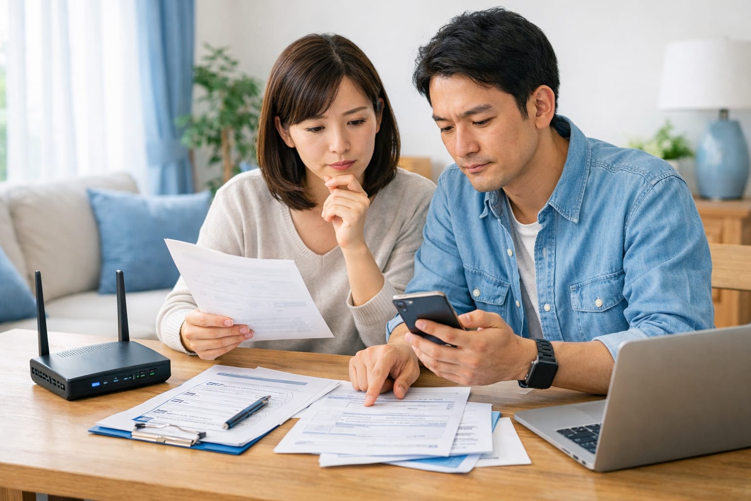 光回線の審査や未払い確認について書類を見ながら相談する男女