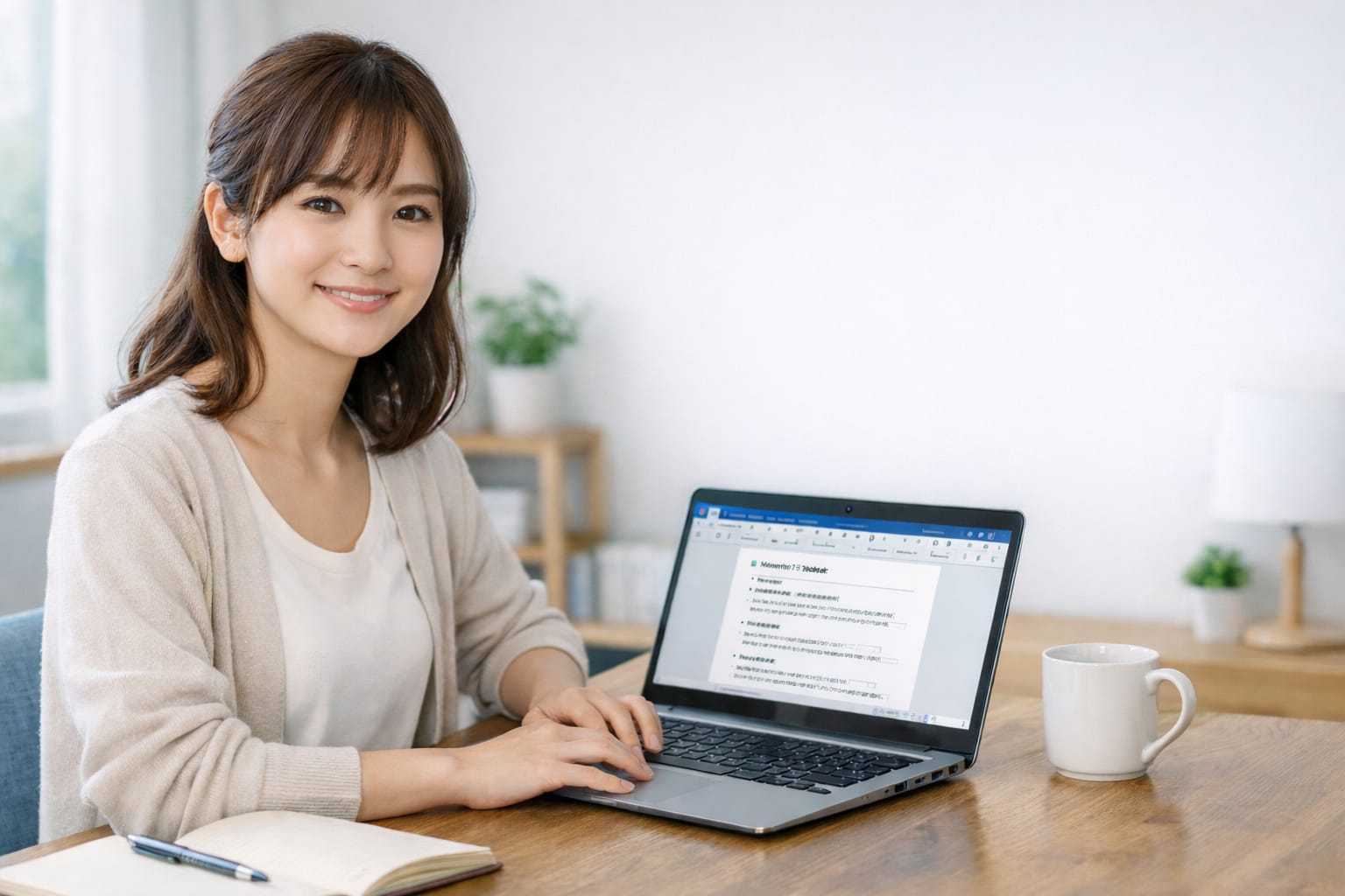 日本人女性がノートパソコンでWord文書を作成している様子