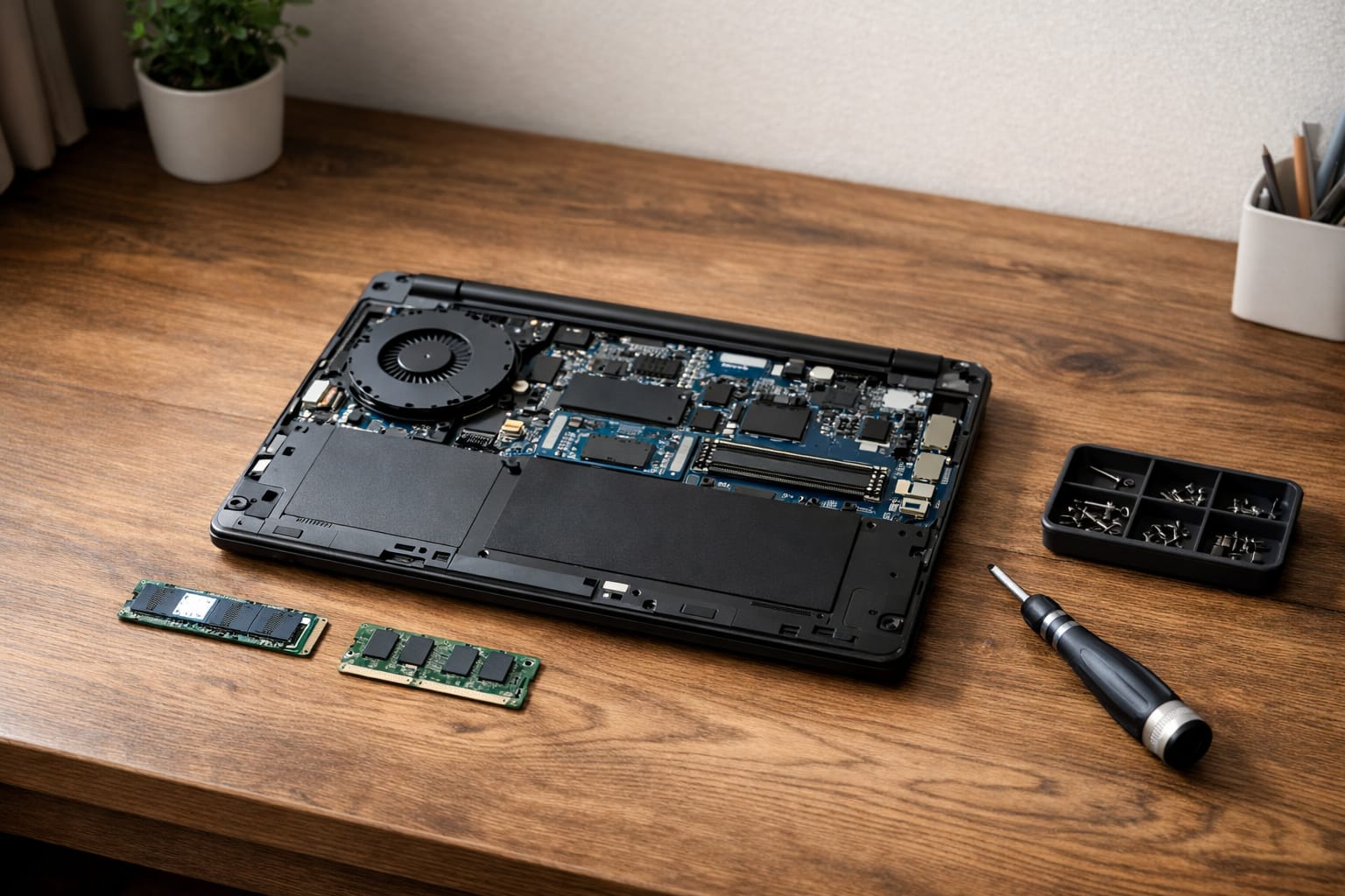 ノートパソコン改造の入門イメージとして、分解した本体とRAM、SSD、工具を並べた実写風写真