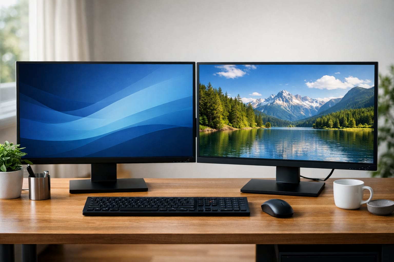 デュアルディスプレイのワークスペースで、左右のモニターに別々の壁紙を表示したWindows 10風のデスク環境