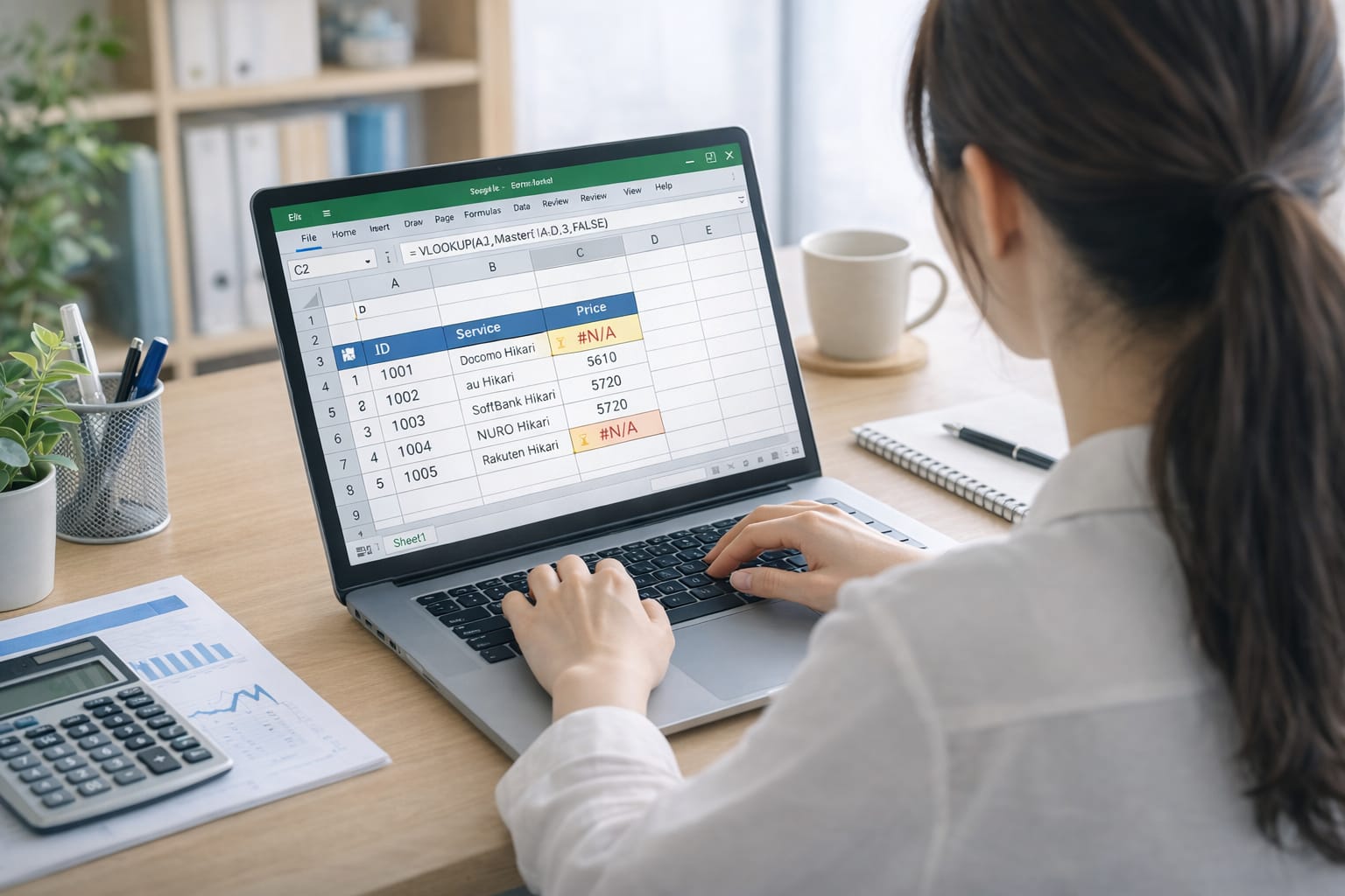 VLOOKUPの#N/Aエラーを確認する女性の作業風景