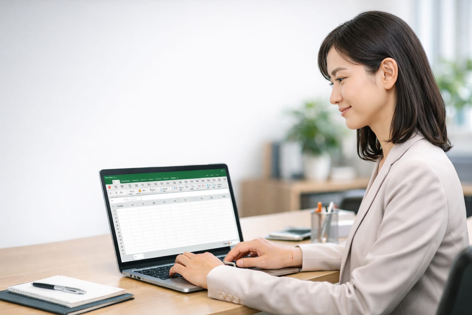 オフィスで日本人女性がノートパソコンでExcelを操作している実写風の画像