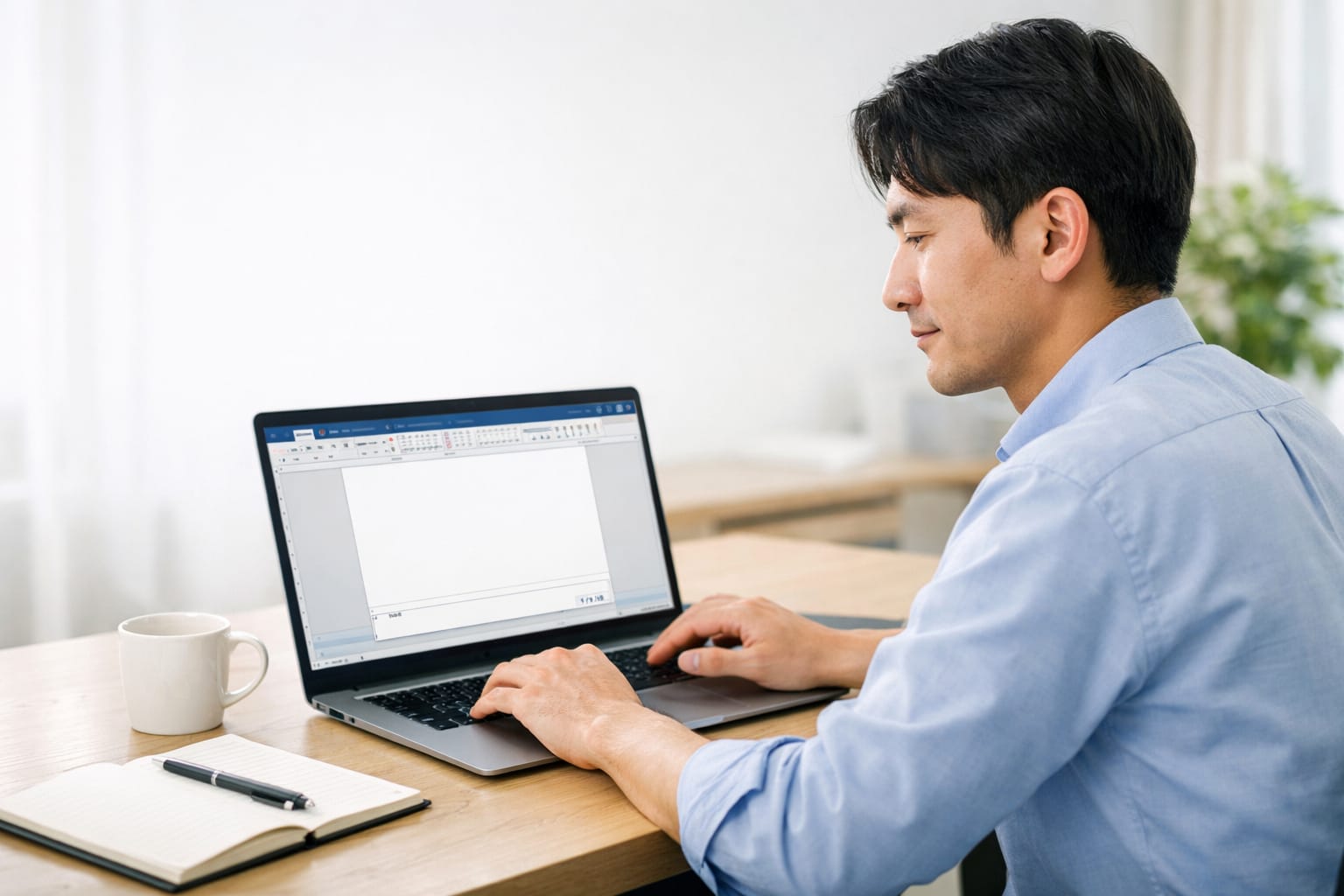 Wordのフッター編集をノートPCで操作するビジネスパーソンの実写風イメージ