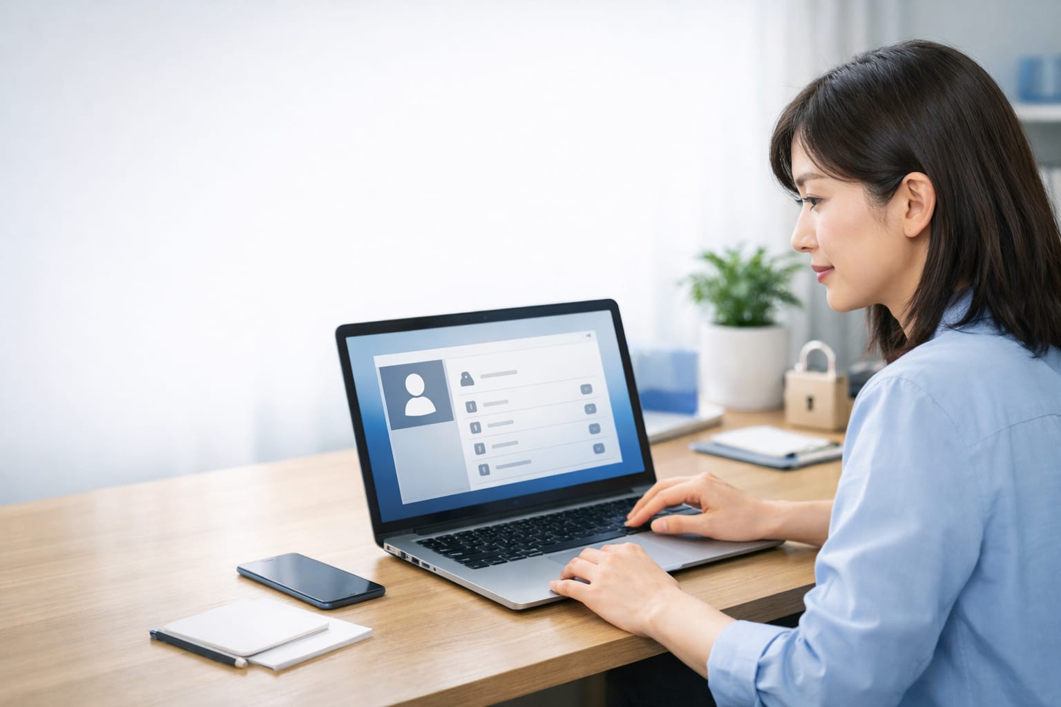 明るいホームオフィスでノートPCのユーザーアカウント設定画面を確認する女性