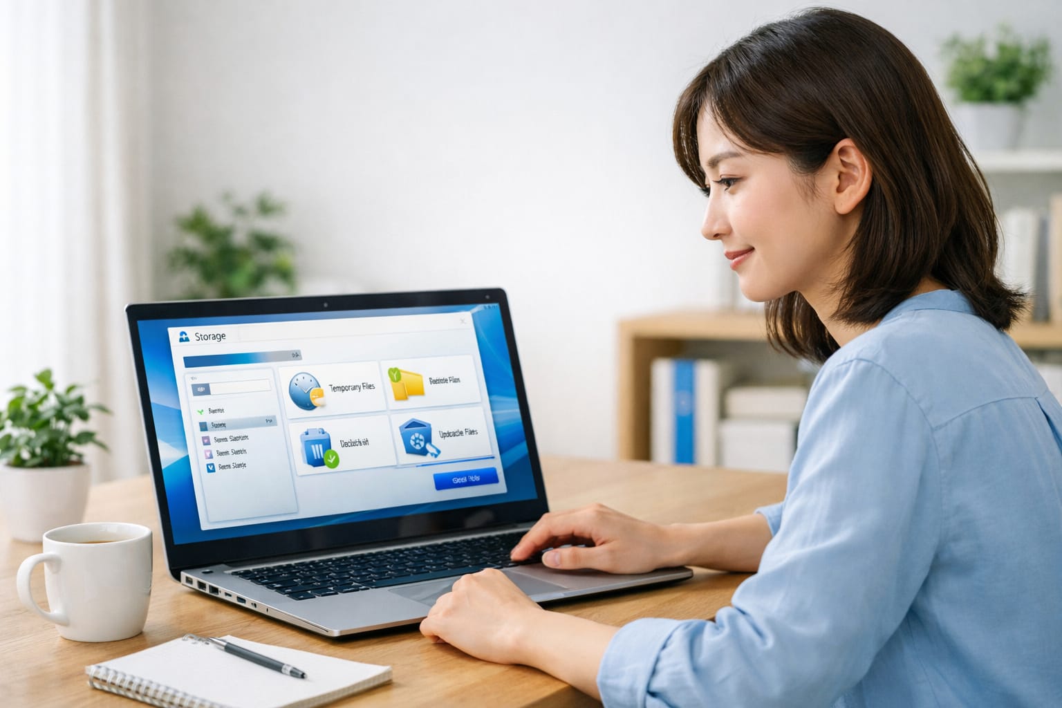 Windowsのディスククリーンアップ画面を確認する女性のアイキャッチ画像