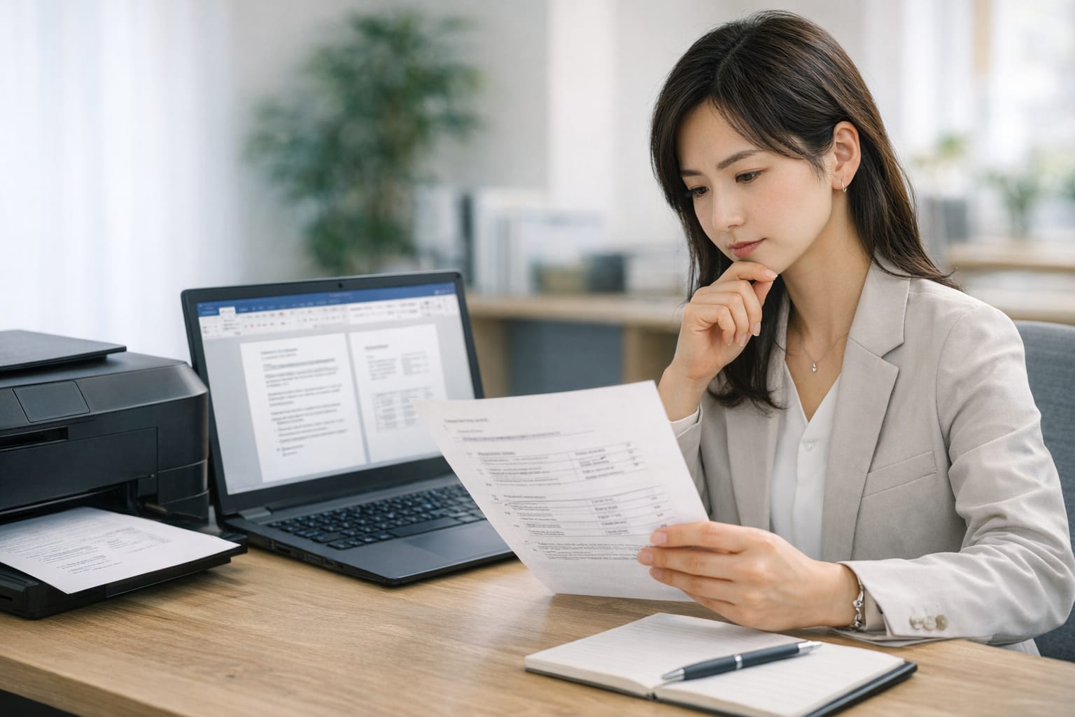 Wordの画面と印刷結果の違いを確認する女性社員のイメージ