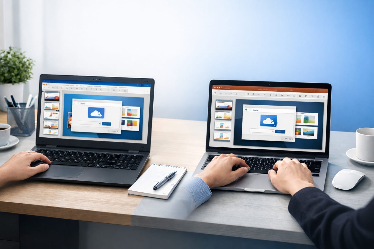 WindowsとMacのノートPCでPowerPointの画像変換作業をしているデスク風景