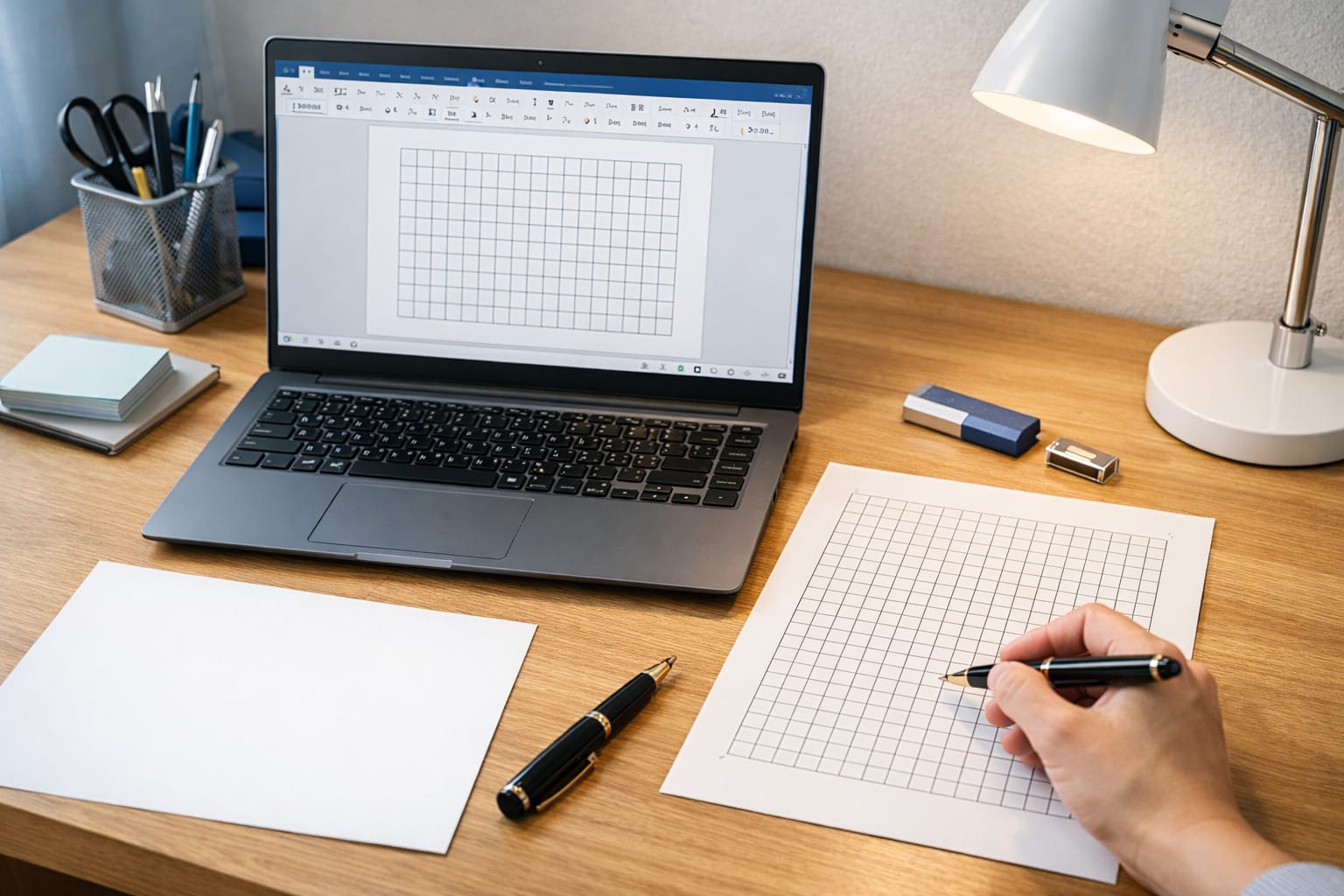 ノートパソコンのWord風画面と印刷した400字詰め原稿用紙を並べ、机の上で万年筆を使って原稿用紙を作成している実写風のホームオフィス風景