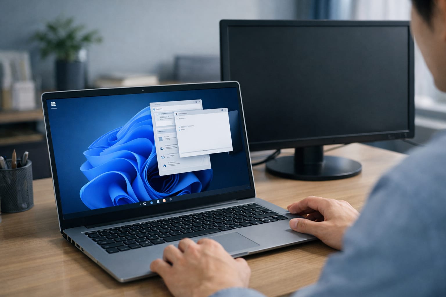 外部モニターを外した後、Windows 11のノートPCで見えないウィンドウを確認している作業風景。