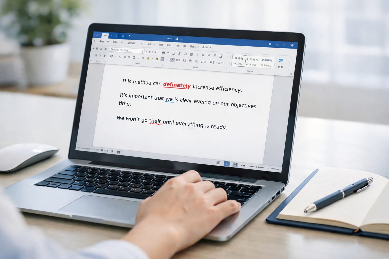 Wordの波線表示を示したノートパソコンの操作画面とデスク風景