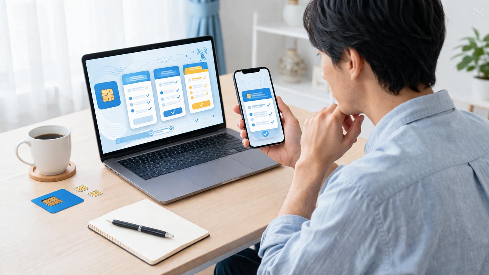 スマホとノートPCで通信プランを比較する男性