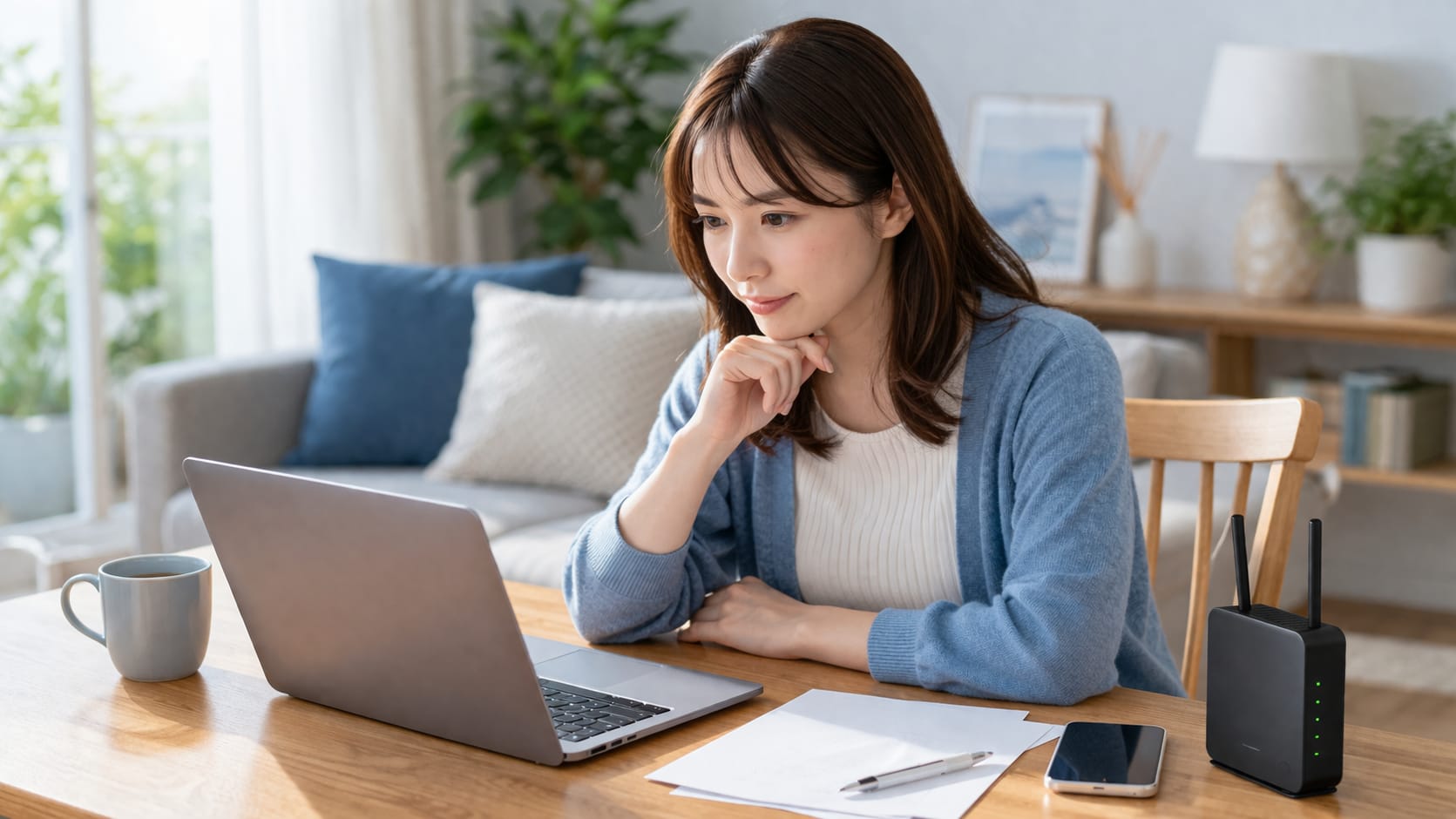 日本の明るいリビングで、ノートPCを見ながら光回線の料金プランを比較検討する30代女性