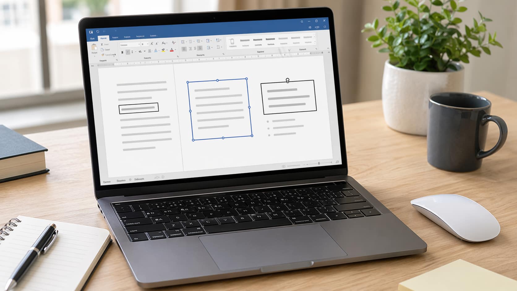 Wordで文字を四角で囲む方法を示したノートパソコンの画面とデスク風景