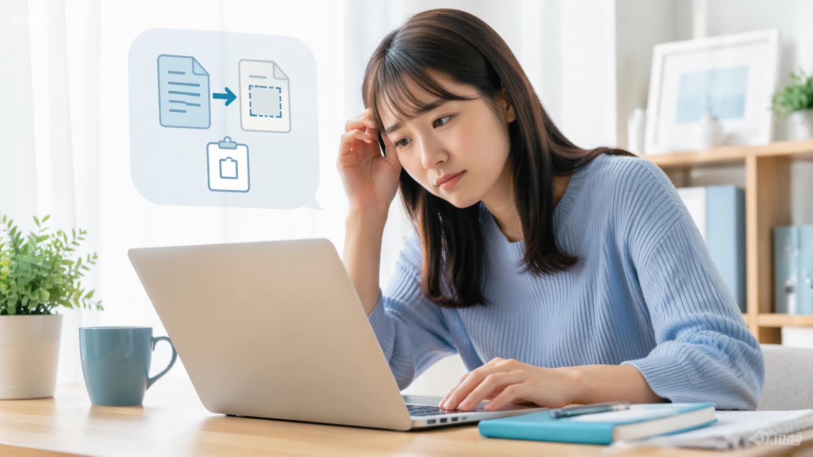 ノートパソコンを見ながら貼り付け操作に困っている女性のイメージ